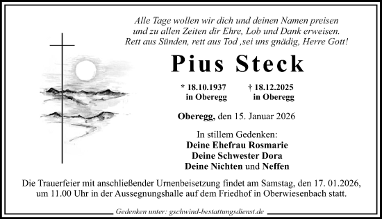 Traueranzeige von Pius Steck von Mittelschwäbische Nachrichten