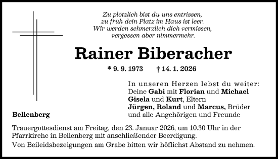 Traueranzeige von Rainer Biberacher von Neu-Ulmer Zeitung, Illertisser Zeitung