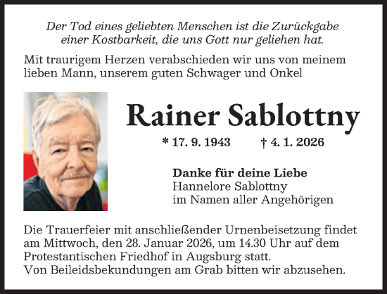 Traueranzeige von Rainer Sablottny von Augsburger Allgemeine