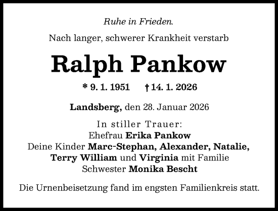 Traueranzeige von Ralph Pankow von Landsberger Tagblatt