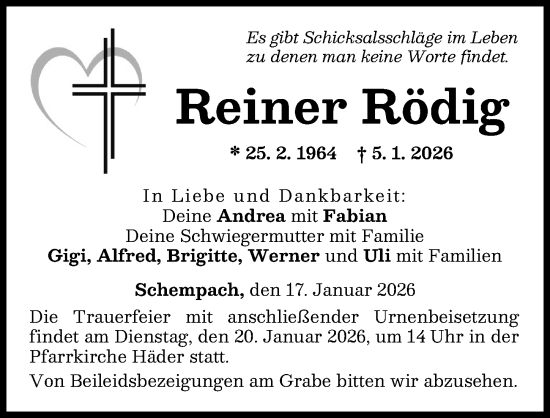 Traueranzeige von Reiner Rödig von Augsburg-Land