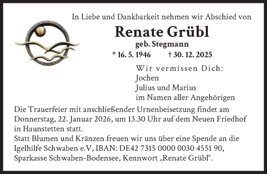 Traueranzeige von Renate Grübl von Augsburger Allgemeine