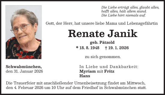 Traueranzeige von Renate Janik von Schwabmünchner Allgemeine