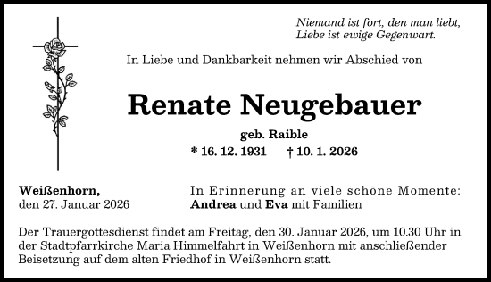 Traueranzeige von Renate Neugebauer von Neu-Ulmer Zeitung
