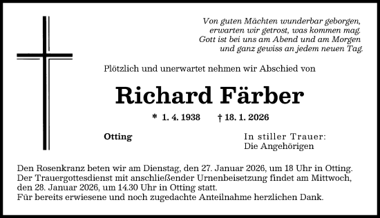 Traueranzeige von Richard Färber von Donauwörther Zeitung
