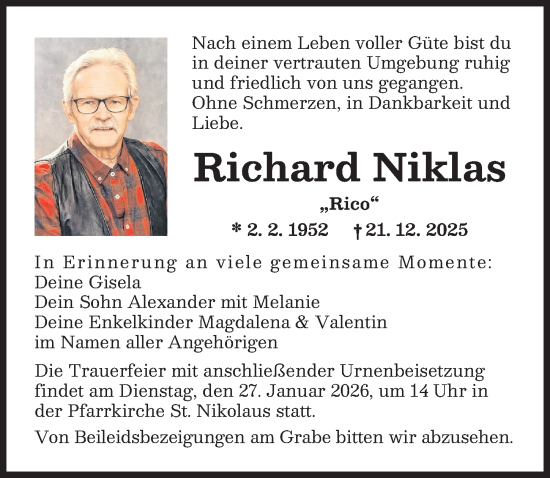 Traueranzeige von Richard Niklas von Augsburger Allgemeine