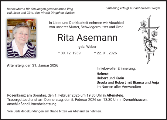 Traueranzeige von Rita Asemann von Mindelheimer Zeitung