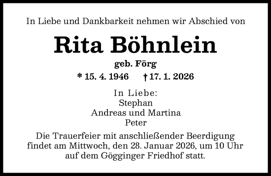 Traueranzeige von Rita Böhnlein von Augsburger Allgemeine