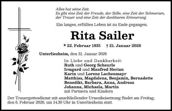 Traueranzeige von Rita Sailer von Donau Zeitung