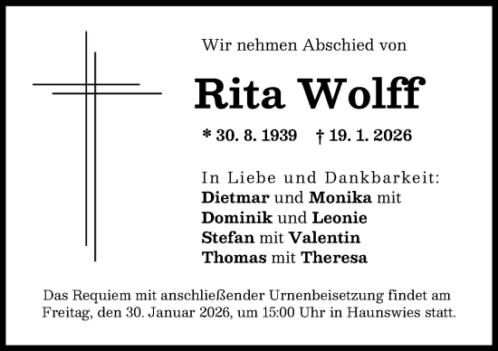 Traueranzeige von Rita Wolff von Aichacher Nachrichten