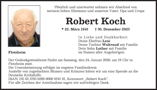 Traueranzeige von Robert Koch von Donauwörther Zeitung