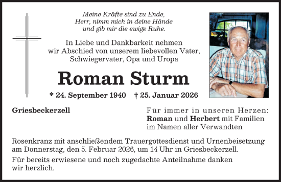 Traueranzeige von Roman Sturm von Aichacher Nachrichten
