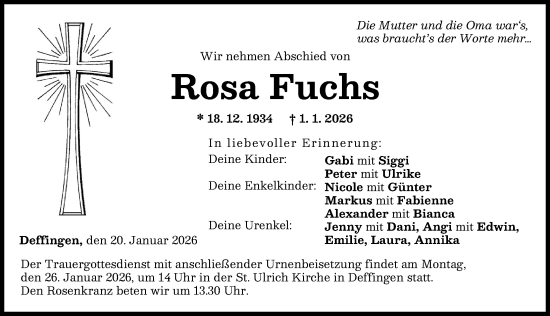 Traueranzeige von Rosa Fuchs von Günzburger Zeitung