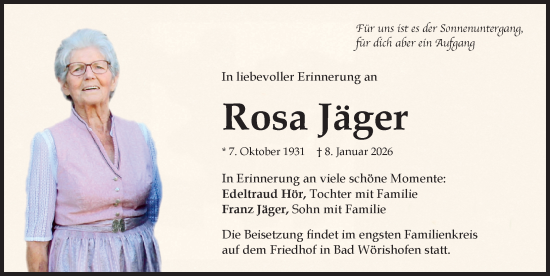 Traueranzeige von Rosa Jäger von Mindelheimer Zeitung
