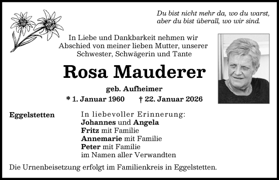 Traueranzeige von Rosa Mauderer von Donauwörther Zeitung
