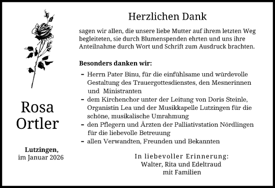 Traueranzeige von Rosa Ortler von Donau Zeitung
