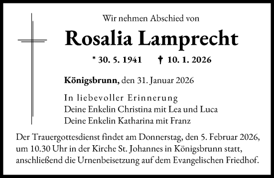 Traueranzeige von Rosalia Lamprecht von Augsburger Allgemeine