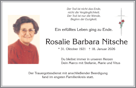 Traueranzeige von Rosalie Barbara Nitsche von Mindelheimer Zeitung