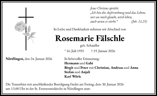 Traueranzeige von Rosemarie Fälschle von Rieser Nachrichten