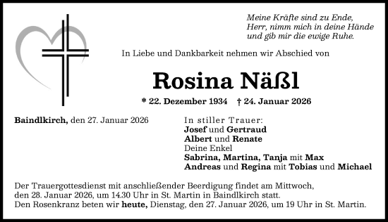 Traueranzeige von Rosina Näßl von Friedberger Allgemeine