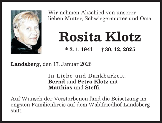 Traueranzeige von Rosita Klotz von Landsberger Tagblatt