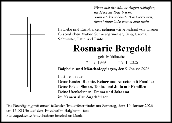Traueranzeige von Rosmarie Bergdolt von Rieser Nachrichten