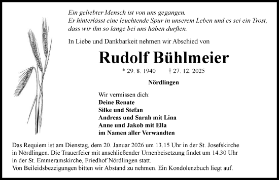Traueranzeige von Rudolf Bühlmeier von Rieser Nachrichten