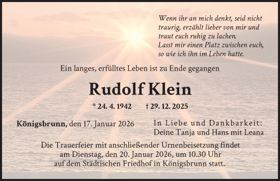 Traueranzeige von Rudolf Klein von Augsburger Allgemeine