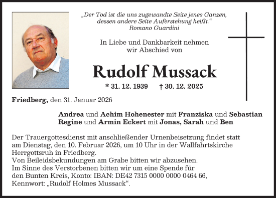 Traueranzeige von Rudolf Mussack von Augsburger Allgemeine, Friedberger Allgemeine