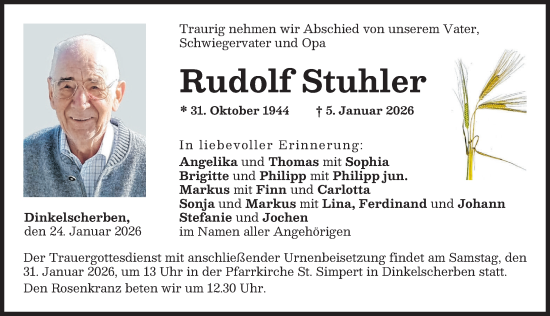 Traueranzeige von Rudolf Stuhler von Augsburg-Land