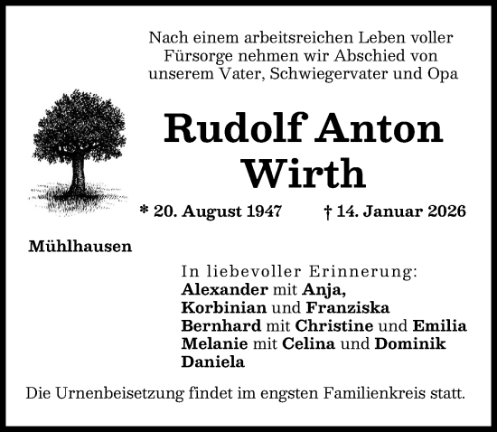 Traueranzeige von Rudolf Anton Wirth von Augsburg-Land