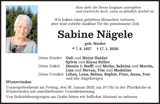 Traueranzeige von Sabine Nägele von Illertisser Zeitung