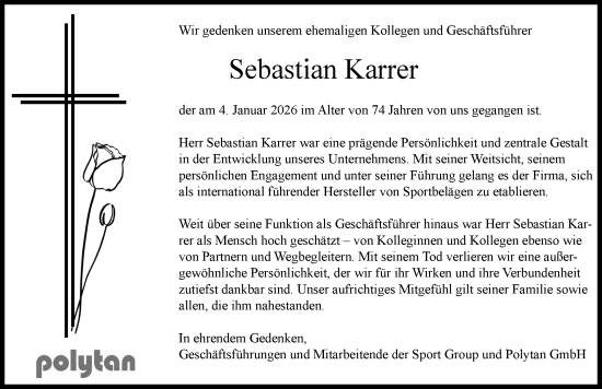 Traueranzeige von Sebastian Karrer von Neuburger Rundschau
