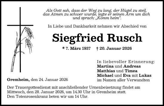 Traueranzeige von Siegfried Rusch von Donau Zeitung