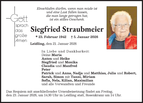 Traueranzeige von Siegfried Straubmeier von Neuburger Rundschau
