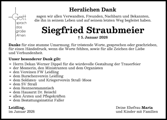 Traueranzeige von Siegfried Straubmeier von Neuburger Rundschau