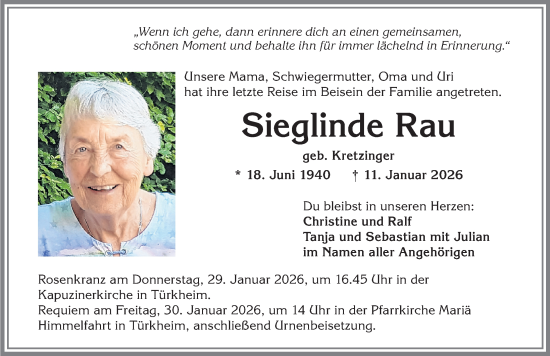 Traueranzeige von Sieglinde Rau von Mindelheimer Zeitung