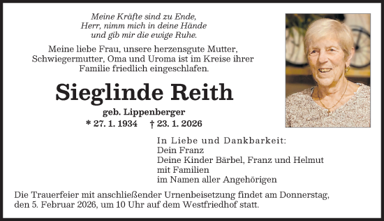 Traueranzeige von Sieglinde Reith von Augsburger Allgemeine