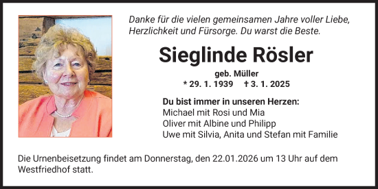 Traueranzeige von Sieglinde Rösler von Augsburger Allgemeine