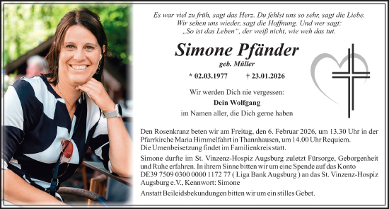 Traueranzeige von Simone Pfänder von Mittelschwäbische Nachrichten, Augsburg-Land, Mindelheimer Zeitung