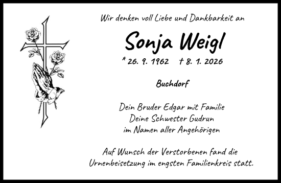 Traueranzeige von Sonja Weigl von Donauwörther Zeitung