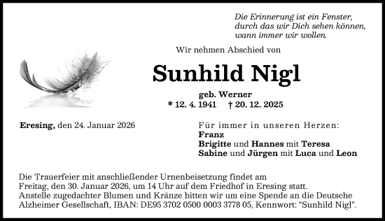 Traueranzeige von Sunhild Nigl von Landsberger Tagblatt