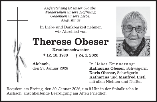 Traueranzeige von Therese Obeser von Aichacher Nachrichten