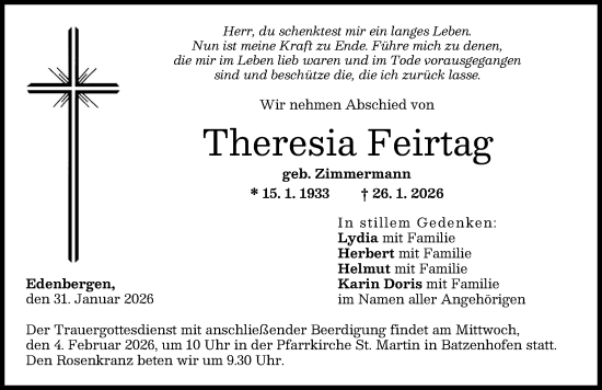 Traueranzeige von Theresia Feirtag von Augsburg-Land