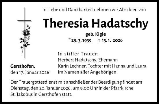 Traueranzeige von Theresia Hadatschy von Augsburger Allgemeine