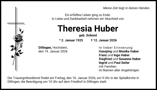 Traueranzeige von Theresia Huber von Donau Zeitung