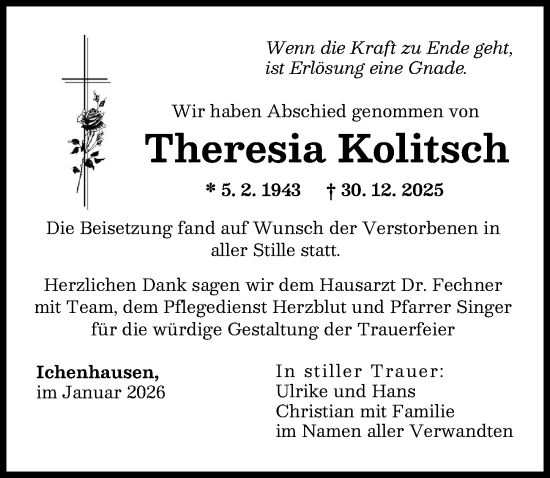 Traueranzeige von Theresia Kolitsch von Günzburger Zeitung