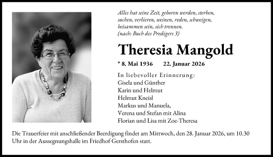 Traueranzeige von Theresia Mangold von Augsburger Allgemeine
