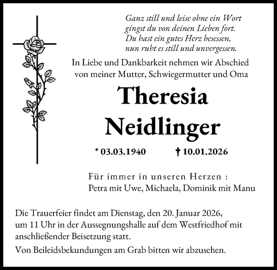 Traueranzeige von Theresia Neidlinger von Augsburger Allgemeine