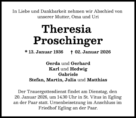 Traueranzeige von Theresia Proschinger von Landsberger Tagblatt